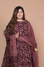 Miravan Women's Plus Size Stunning Maroon Bell Sleeve Floral Printed Anarkali Kurta Dupatta | Grocsy