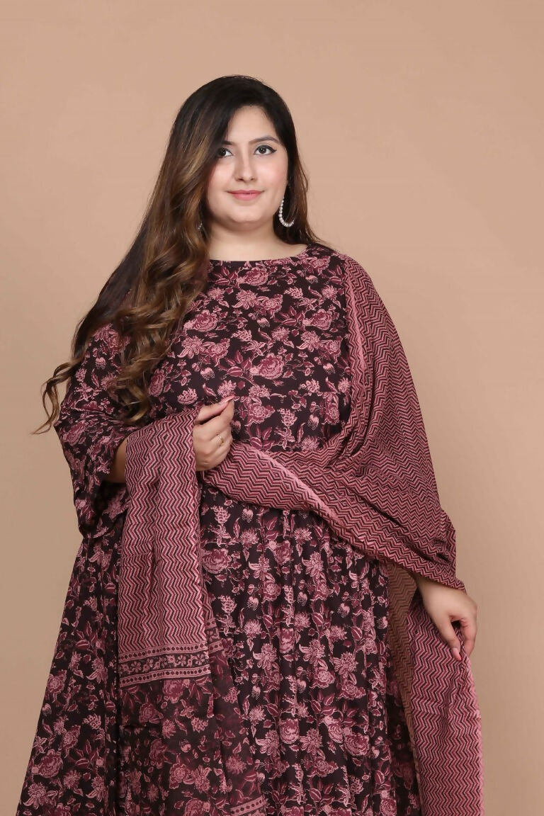 Miravan Women's Plus Size Stunning Maroon Bell Sleeve Floral Printed Anarkali Kurta Dupatta | Grocsy