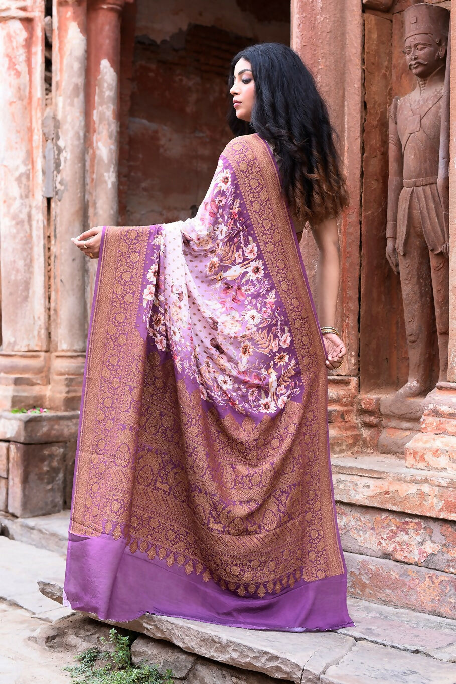 Joban Fashion Dark And Light Lilac Crepe Chiffon Pure Handloom Banarasi Silk Saree | Grocsy