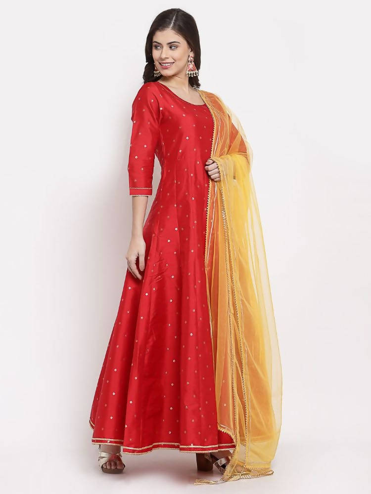 Myshka Women's Red Silk Solid 3/4 Sleeve Round Neck Casual Anarkali Kurta Dupatta Set | Grocsy