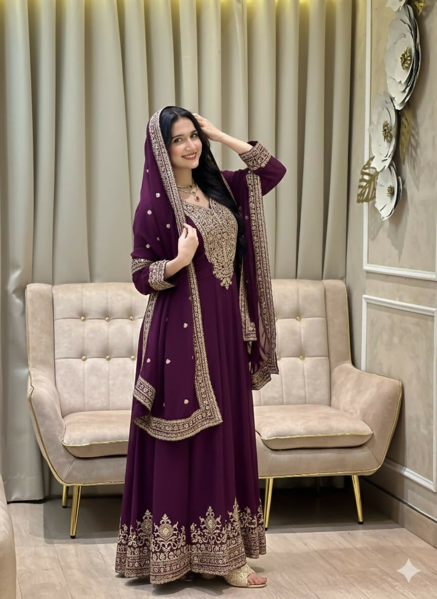 Teeya Creation Wine Color Faux Georgette Embroidery Work Long Party Wear Gown | Grocsy