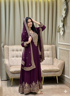 Teeya Creation Wine Color Faux Georgette Embroidery Work Long Party Wear Gown | Grocsy