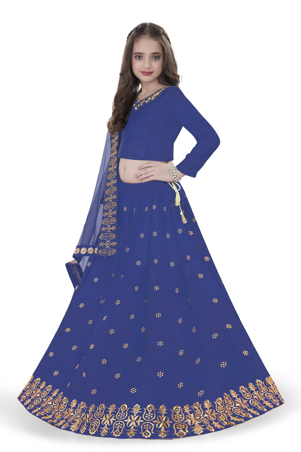Dwiden Royal Blue Queen Tafetta Sattin Semi-Stitched Girl's Lehenga Choli | Grocsy