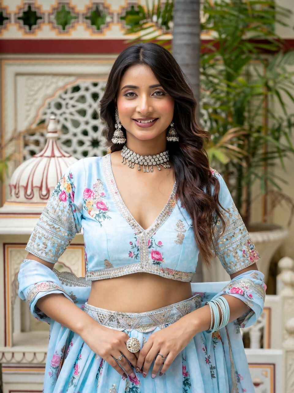 Women’s Semi-Stitched Sky Blue Star Georgette Zari Sequence Embroidery Digital Printed Work Lehenga Choli With Star Georgette Dupatta-Jihu Culture | Grocsy