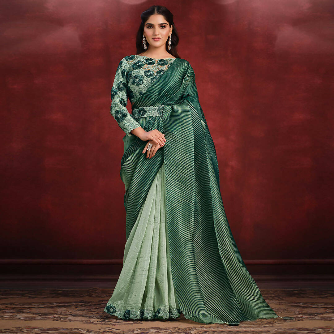 Sea Green Banarasi Crush Silk Sequence Thread & Stone Work/ Texture Pallu Saree - Mohmanthan Kimiya | Grocsy