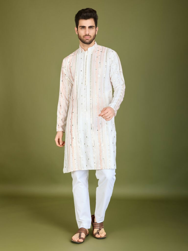 Vastranavya White Exclusive Festival Wear Pure Viscose Rayon Sequence & Foil Mirror Heavy Embroidered Work Kurta | Grocsy