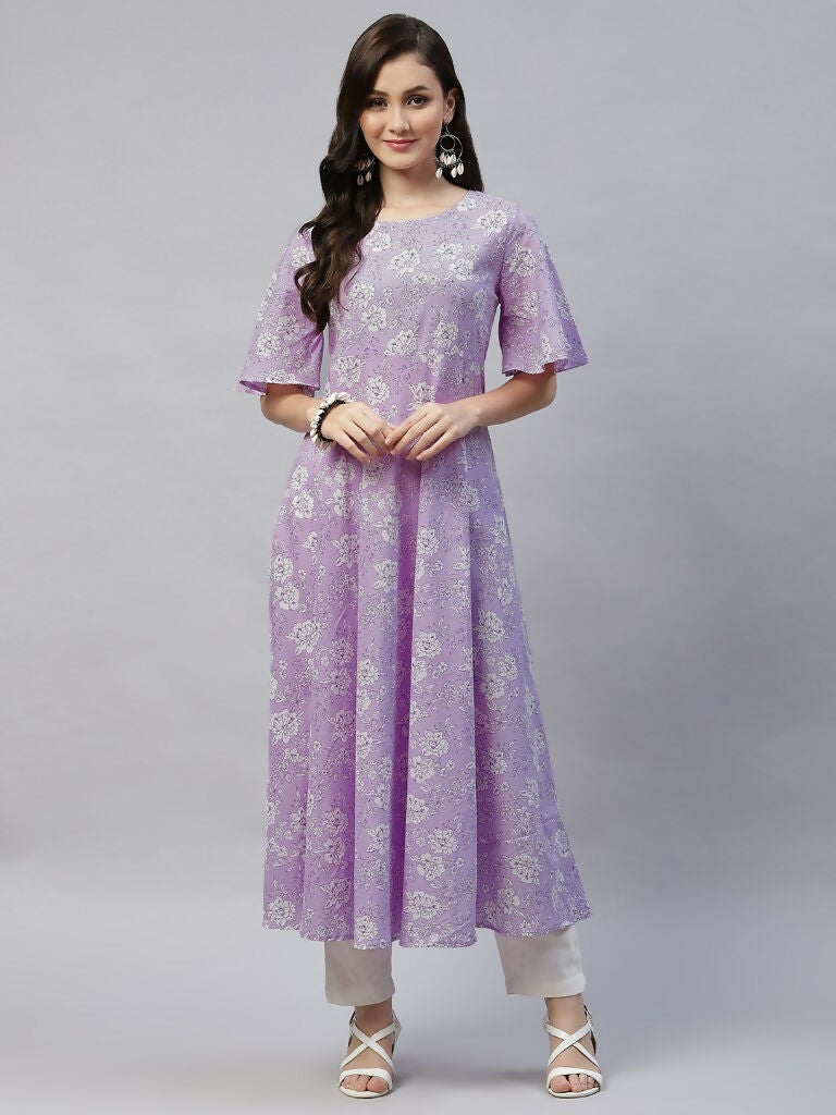 Miravan Women's Levender Floral Printed Anarkali Kurta | Grocsy