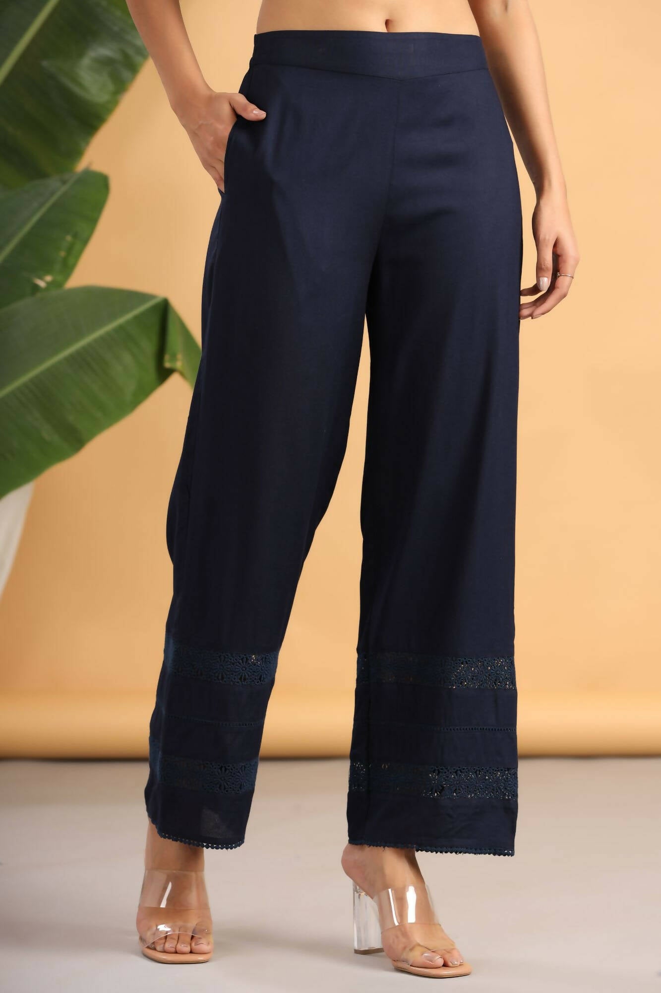 Juniper Women Navy Rayon Woven Design Flared Palazzo | Grocsy