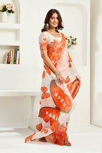 Vastranavya White Orange Digital Printed Linen Ready To Wear Designer Saree with Unstitched Blouse | Grocsy