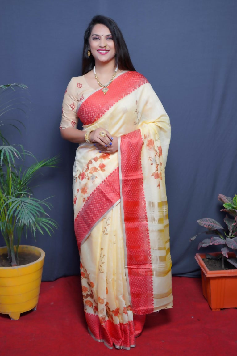 Jyoti Fashion Women's Red Linen Silk Digital Print with Jacquard Woven Border Saree with Blouse | Grocsy