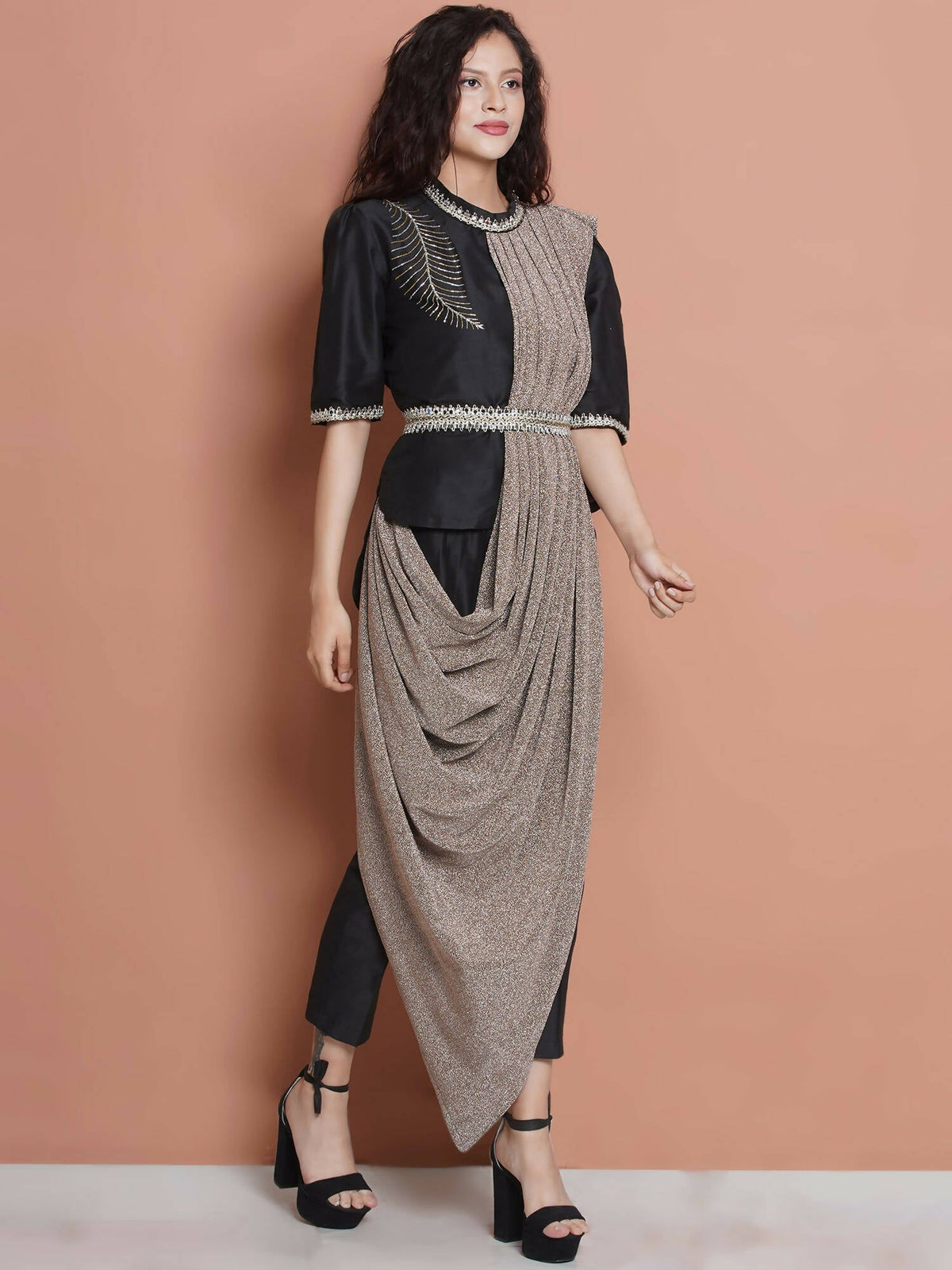 Women Republic Black Cotton Blended Set with Attached Drape | Grocsy