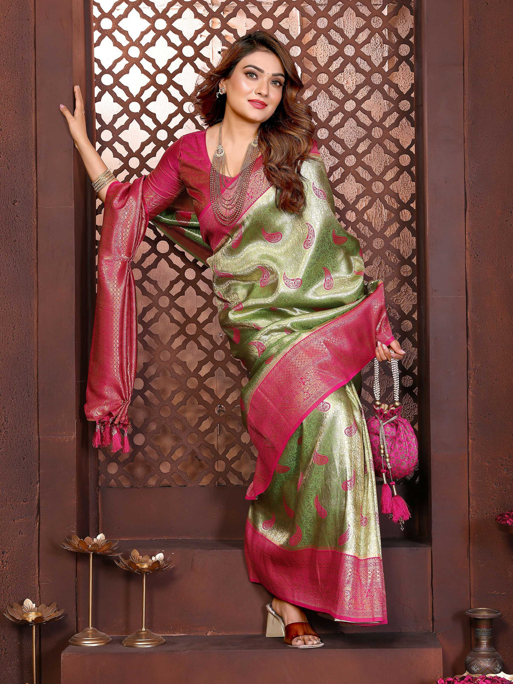 Aastha Fashion Pista Tissue Silk Weaving Saree | Grocsy