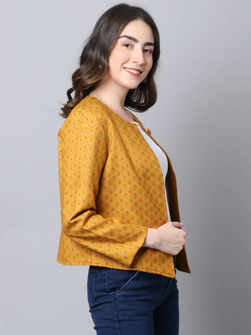Even Apparels Yellow 100% Viscose Open Front Statement Women's Jacket | Grocsy