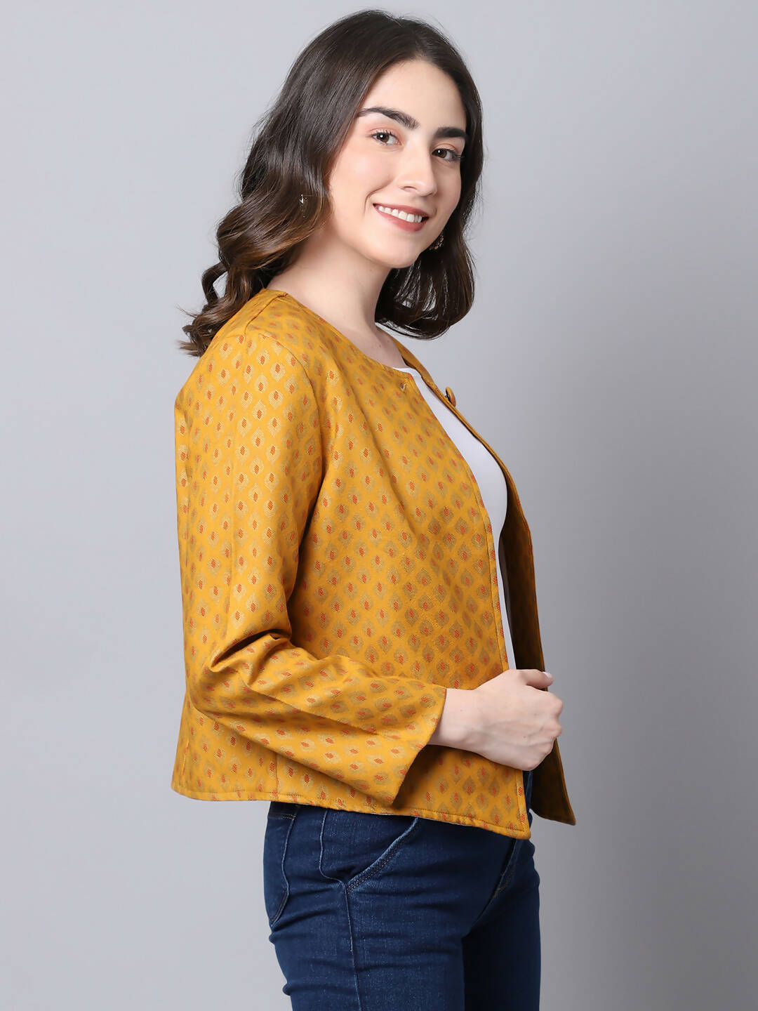 Even Apparels Yellow 100% Viscose Open Front Statement Women's Jacket | Grocsy