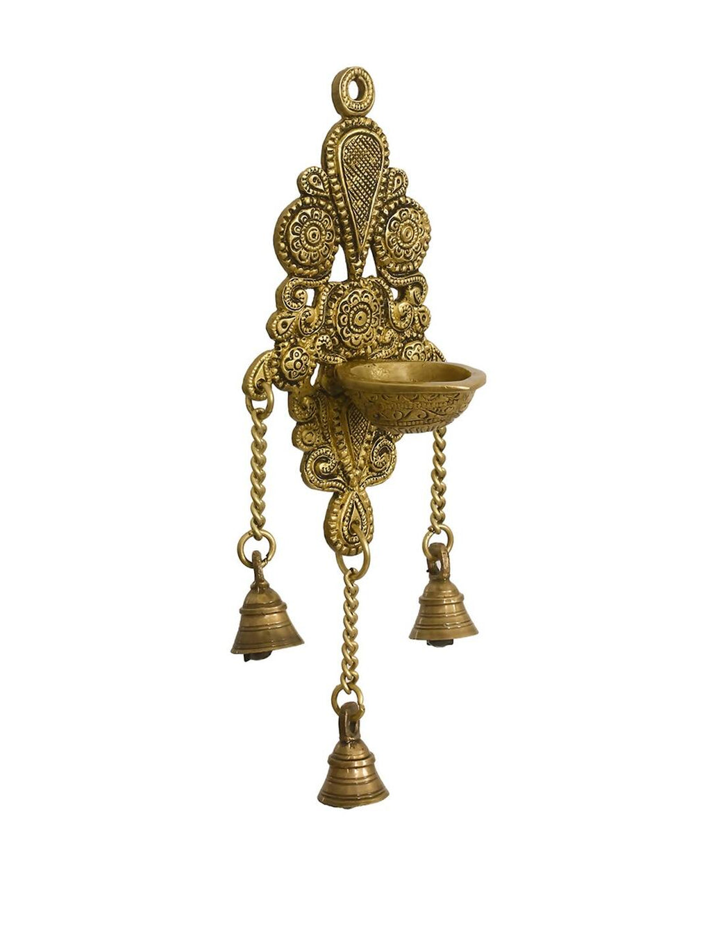 eCraftIndia Gold-Toned Handcrafted Antique Finish Diya with Bells Decorative Wall Hanging Showpiece | Grocsy