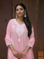 The52 Women's Beautiful Thread Work Cotton satin Fabric Flared Kurta Pant and Dupatta Set | Grocsy