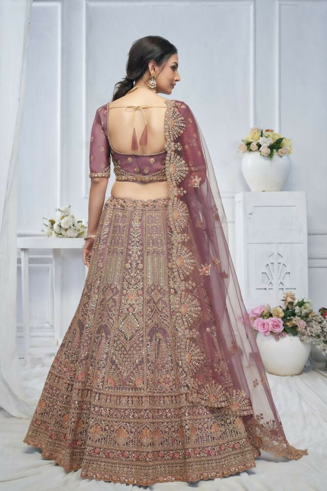 Kesar Fab Onion-Pink Net Embroidered Lehenga | Grocsy