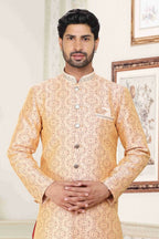 Raivat Ethnic Banarasi Jacquard Embroidery Semi Indo Western Sherwani In Cream Maroon Colour | Grocsy