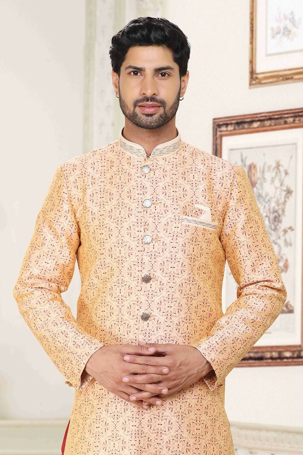 Raivat Ethnic Banarasi Jacquard Embroidery Semi Indo Western Sherwani In Cream Maroon Colour | Grocsy