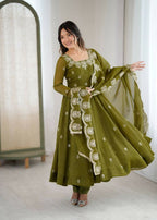 Teeya Creation Mehendi Color Crunchy Silk Embroidery Work Wedding Wear Gown | Grocsy