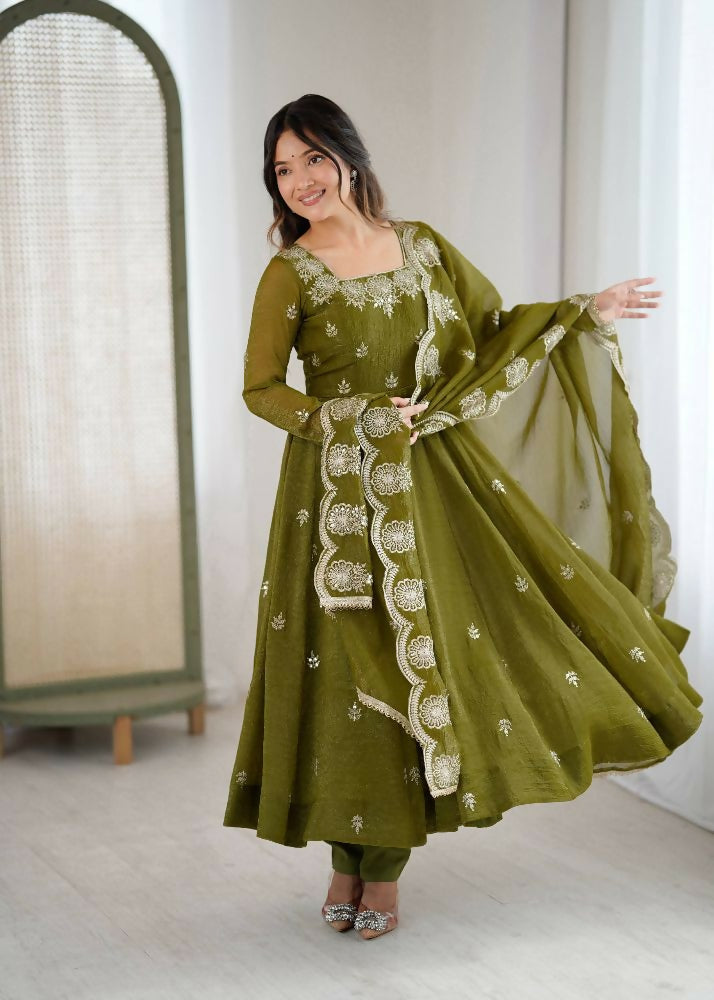Teeya Creation Mehendi Color Crunchy Silk Embroidery Work Wedding Wear Gown | Grocsy