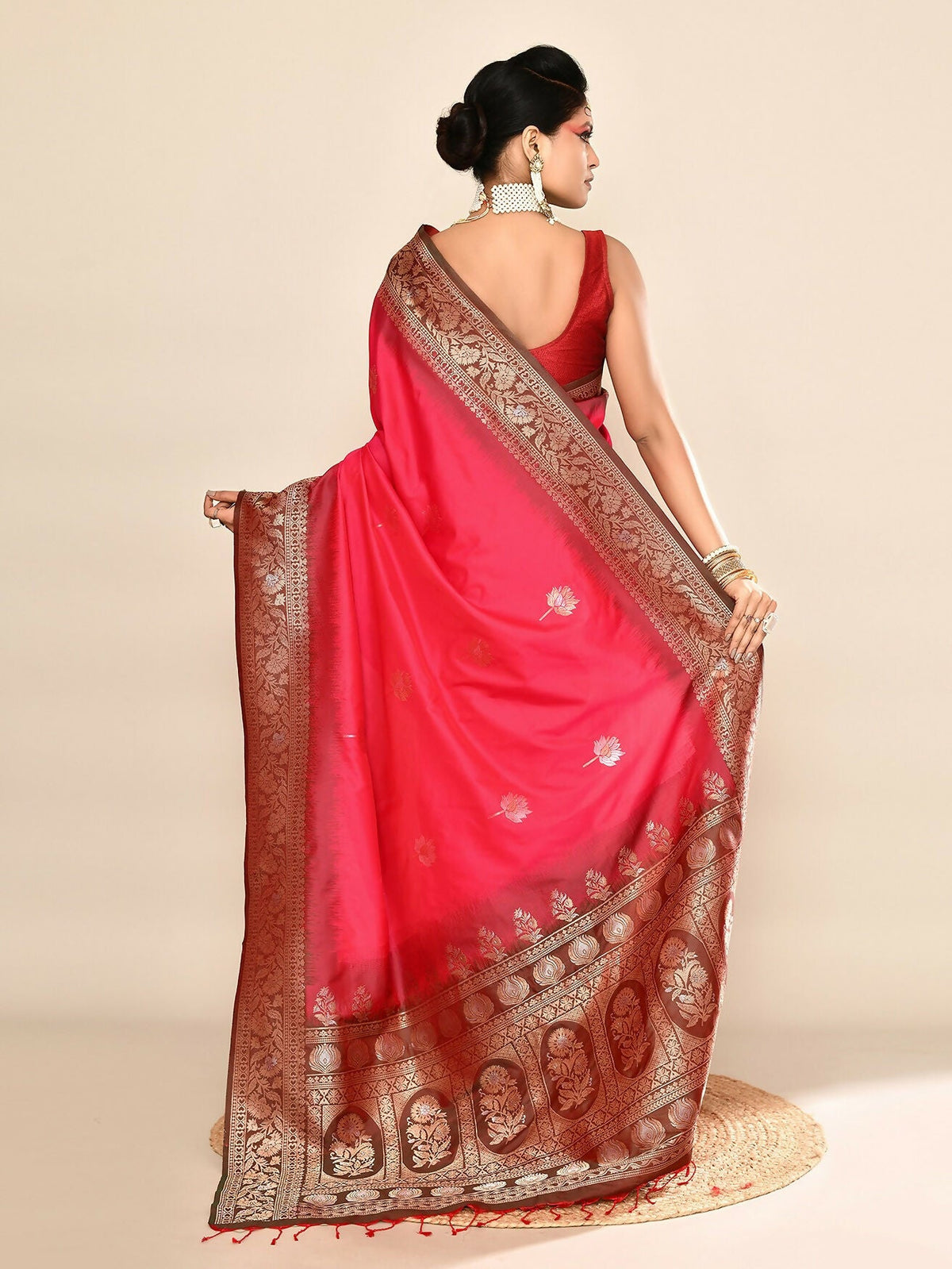 Joban Fashion Rani Pink & Bottle Green Plain With Weaving Border Banarasi Silk Sarees | Grocsy