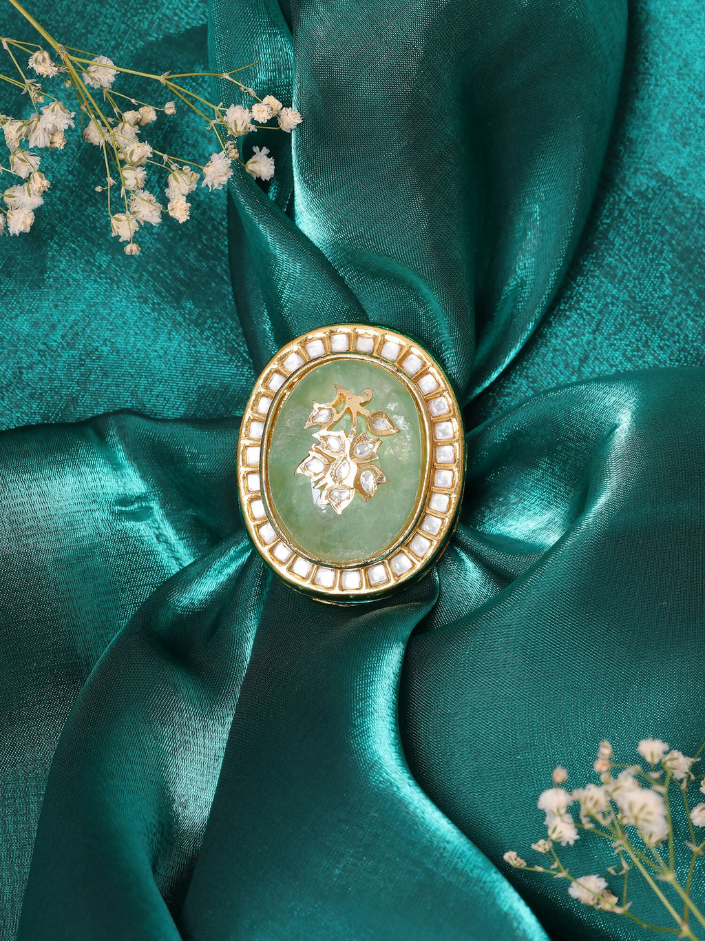 Ruby Raang Gold Polished Green Kundan And Stone Ring | Grocsy