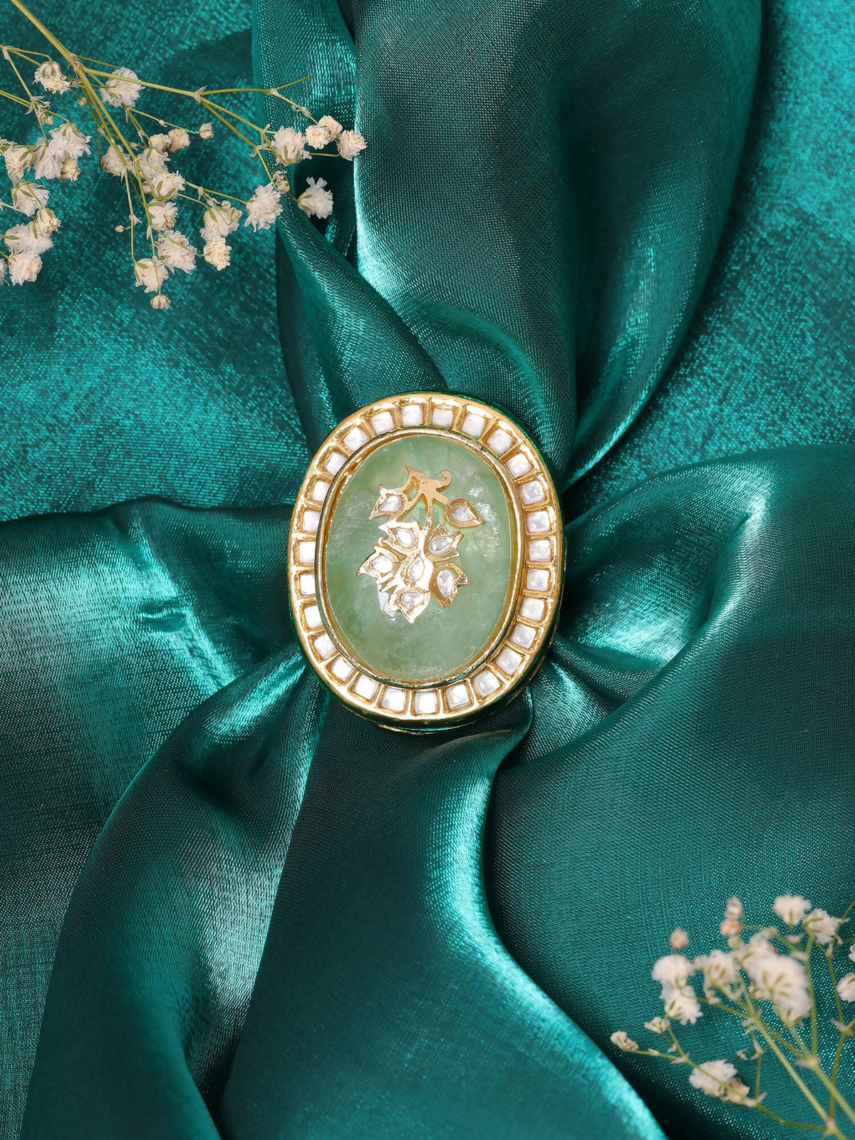 Ruby Raang Gold Polished Green Kundan And Stone Ring | Grocsy