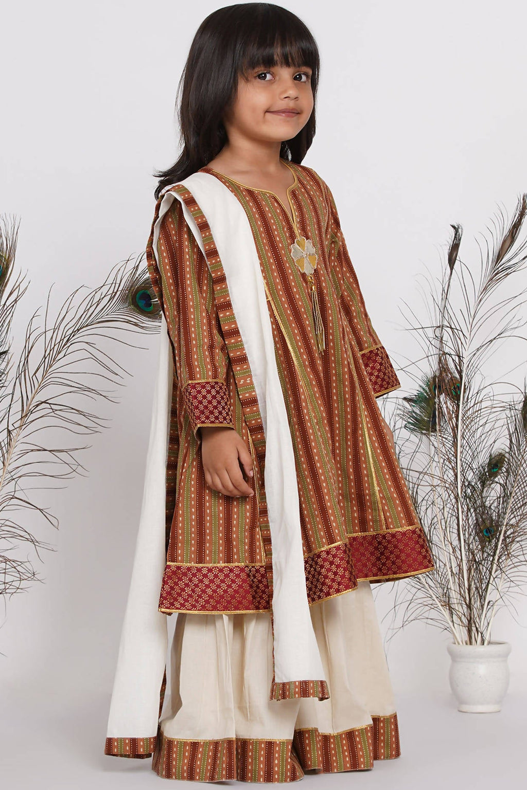 Little Bansi Girls Cotton Kurta frock with Sharara & Dupatta - Brown & Cream | Grocsy