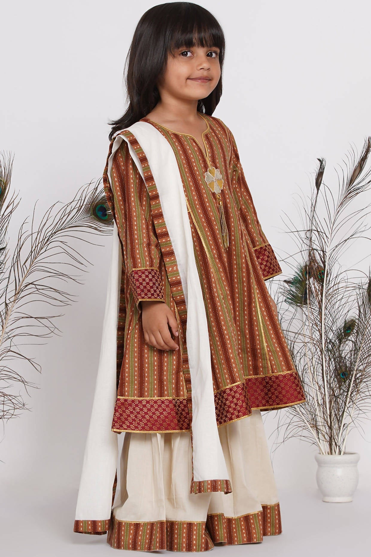 Little Bansi Girls Cotton Kurta frock with Sharara & Dupatta - Brown & Cream | Grocsy