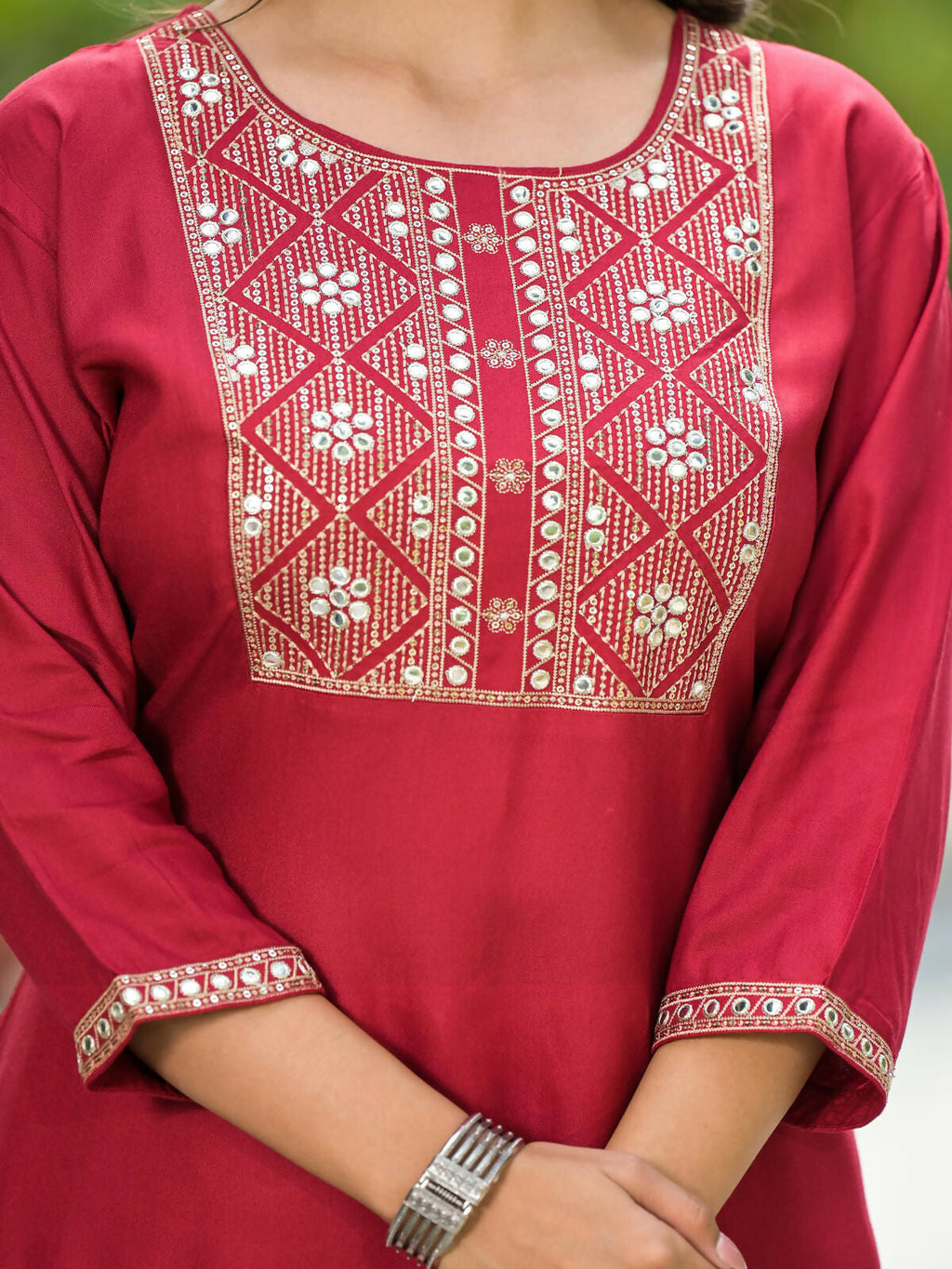 Juniper Women's Maroon Solid Rayon Kurti With Mirror Work & Sequins | Grocsy