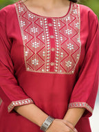 Juniper Women's Maroon Solid Rayon Kurti With Mirror Work & Sequins | Grocsy
