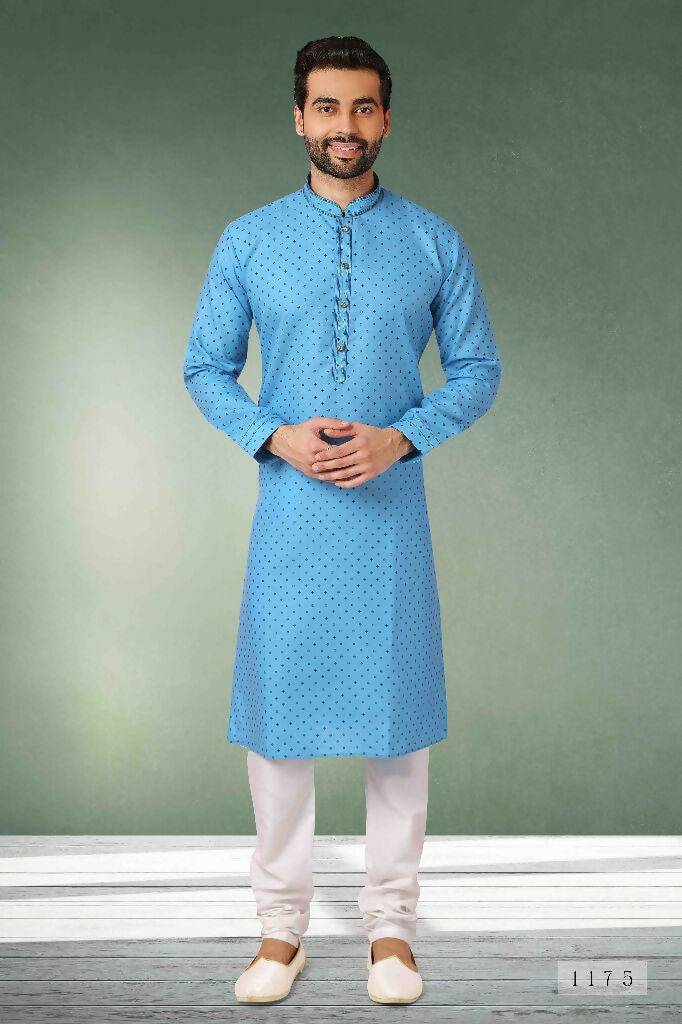 Raivat Ethnic Cotton Printed Work Kurta Pajama In Light Blue Colour | Grocsy
