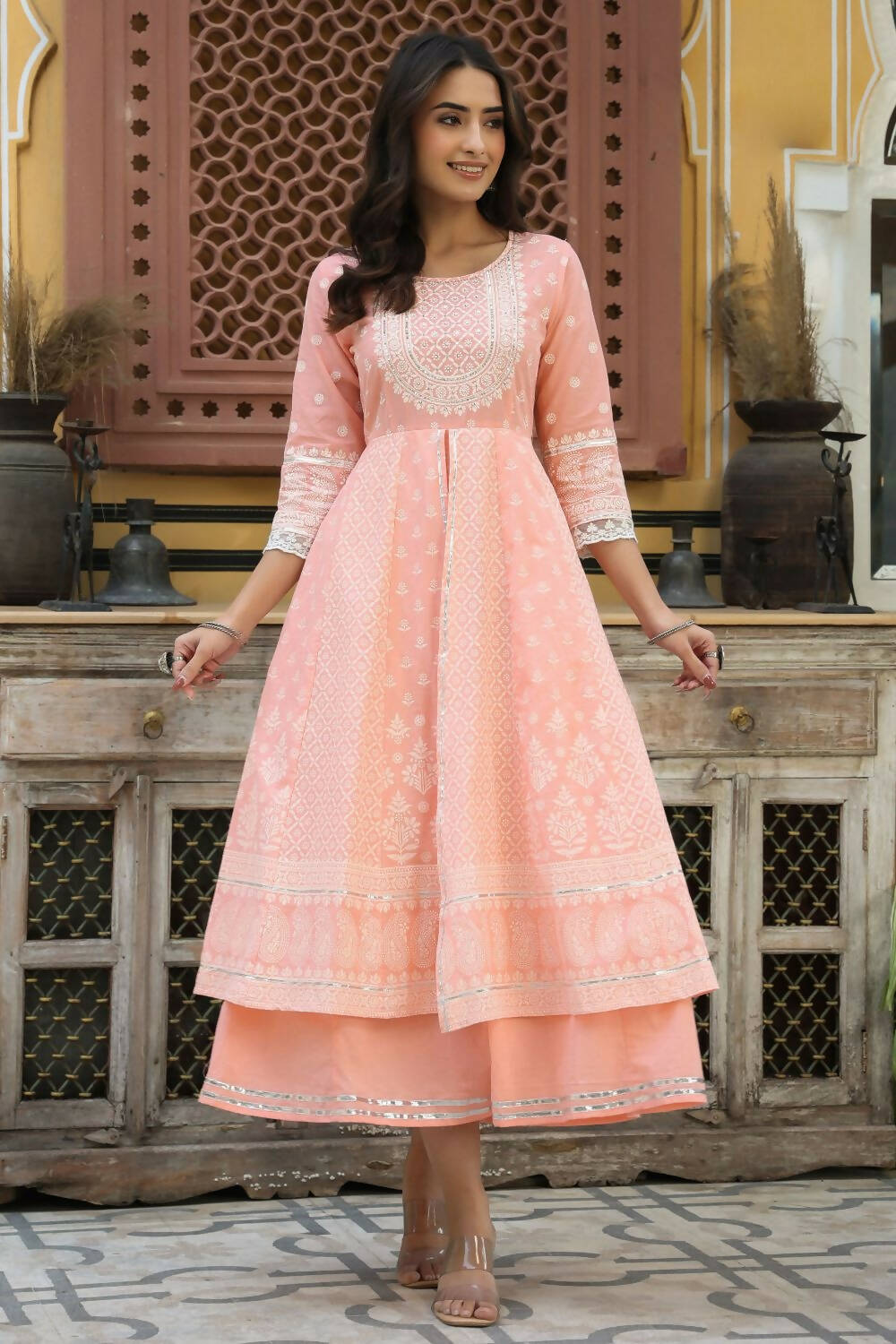 Juniper Women's Peach Cambric Printed Flared Dress | Grocsy