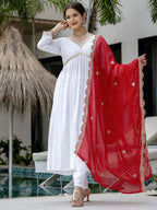 The52 White Women's Gorgeous Embroidered Chanderi Fabric Straight Kurta, Pant and Dupatta Set | Grocsy