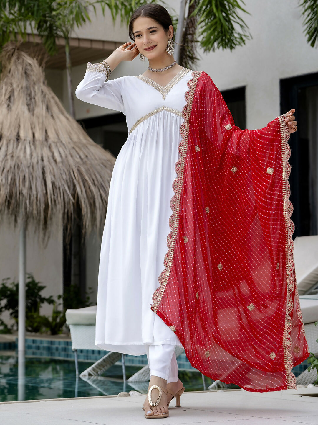 The52 White Women's Gorgeous Embroidered Chanderi Fabric Straight Kurta, Pant and Dupatta Set | Grocsy