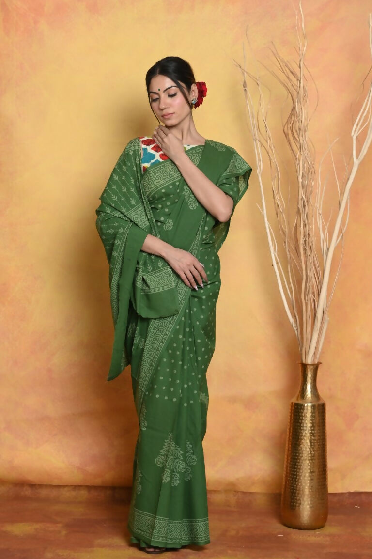 Very Much Indian Handblock Printed Cotton Saree With Natural Dyes - Green | Grocsy