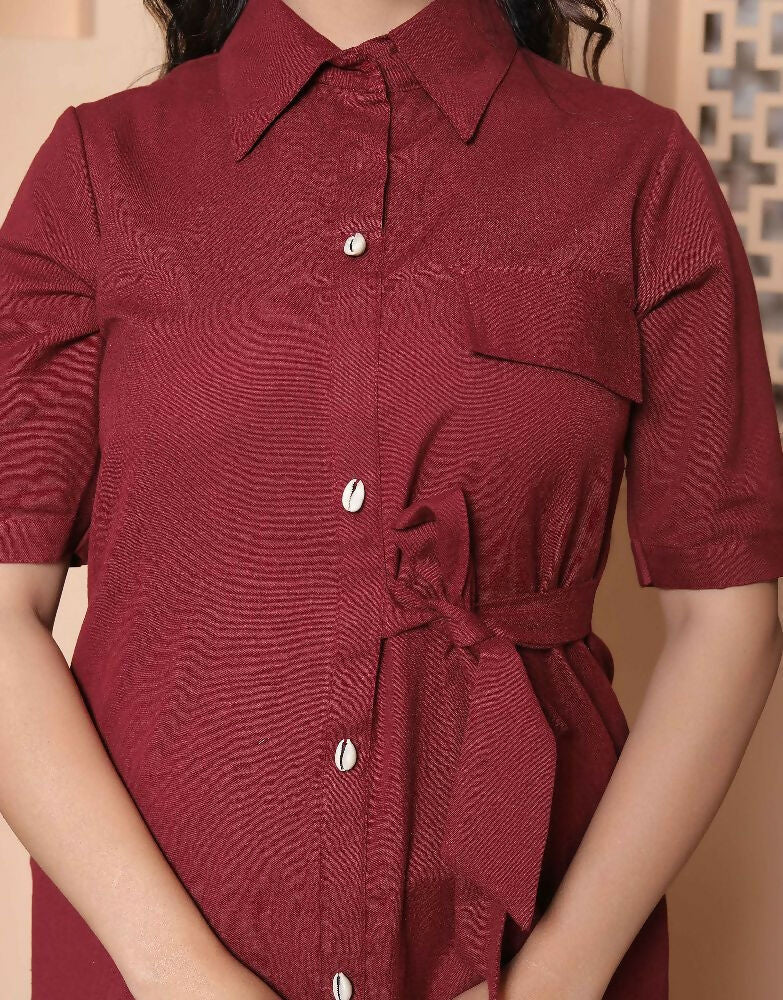 Miravan Womens Maroon Solid A-Line Dress With Belt | Grocsy