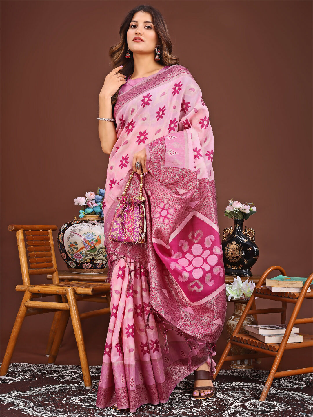 Shree Shyam Fashion Sajni Pink Linen Cotton Saree | Grocsy