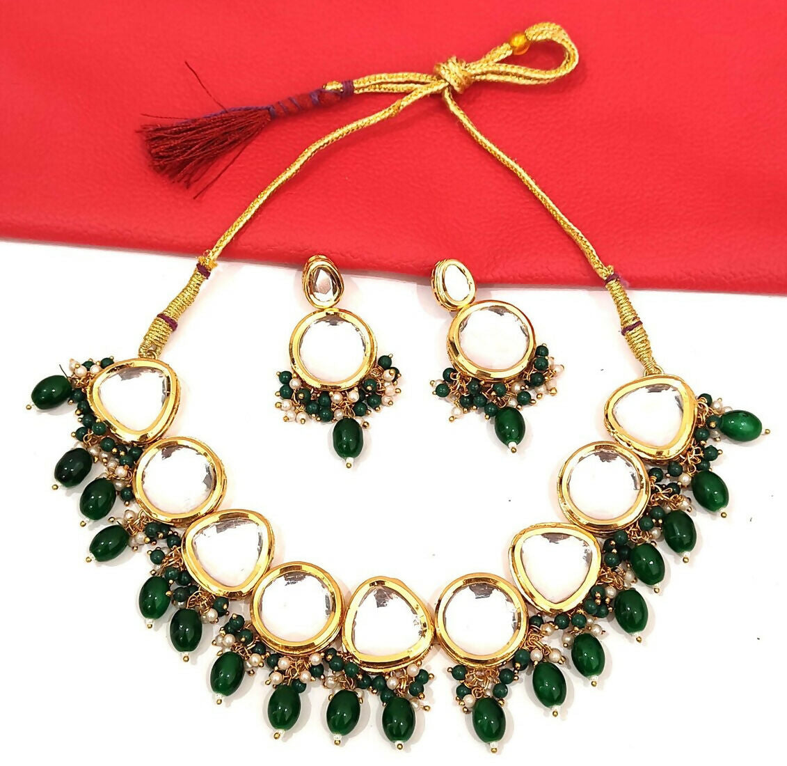 Joban Fashion Hand Made High Quality Gold Plated Base Metal Alloy Kundan Stone Studded Kundan Jewellery Set | Grocsy