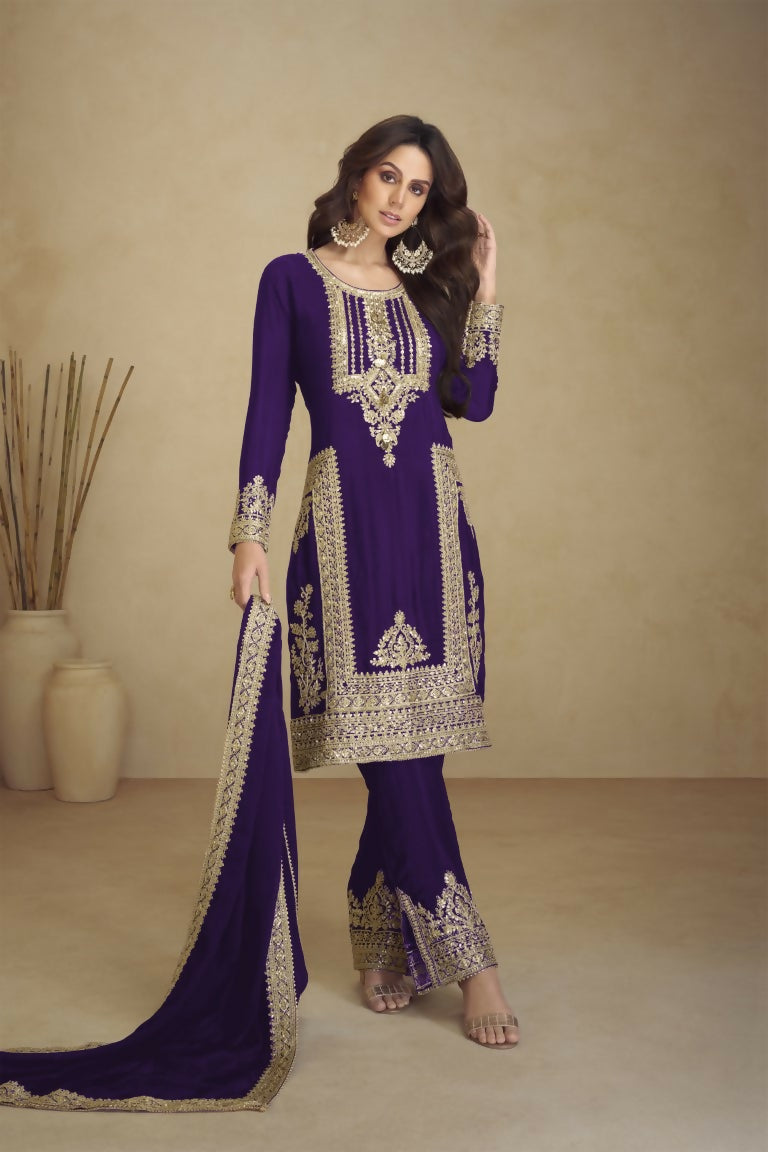 Vastranavya Gorgeous Purple Faux Georgette with Embroidery 3mm Sequence & Coding Work Pakistani Straight Pant Suit | Grocsy