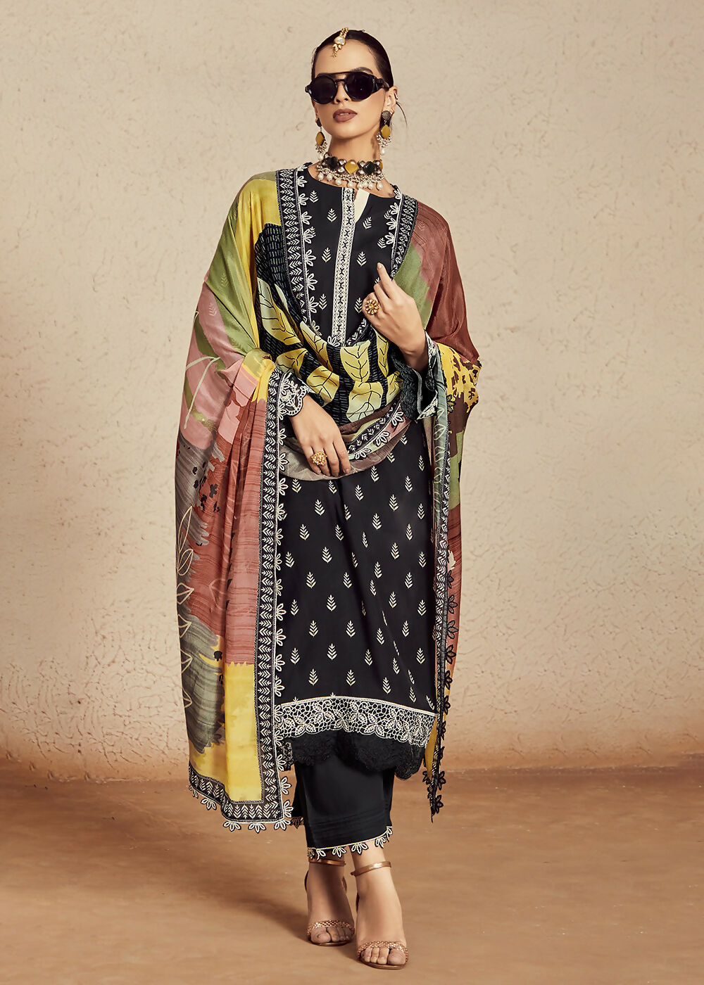 Muslin Cotton Black Digital Print & Embroidered Salwar Suit - Emponline | Grocsy
