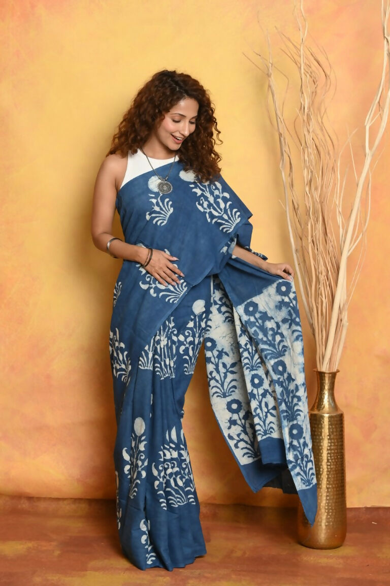 Very Much Indian Handblock Printed Cotton Saree With Natural Dyes - Cerulean Blue | Grocsy