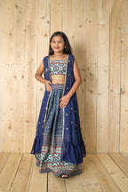 Aayaa Designer Printed Silk Embroidery Kids Lehenga Choli - Blue | Grocsy