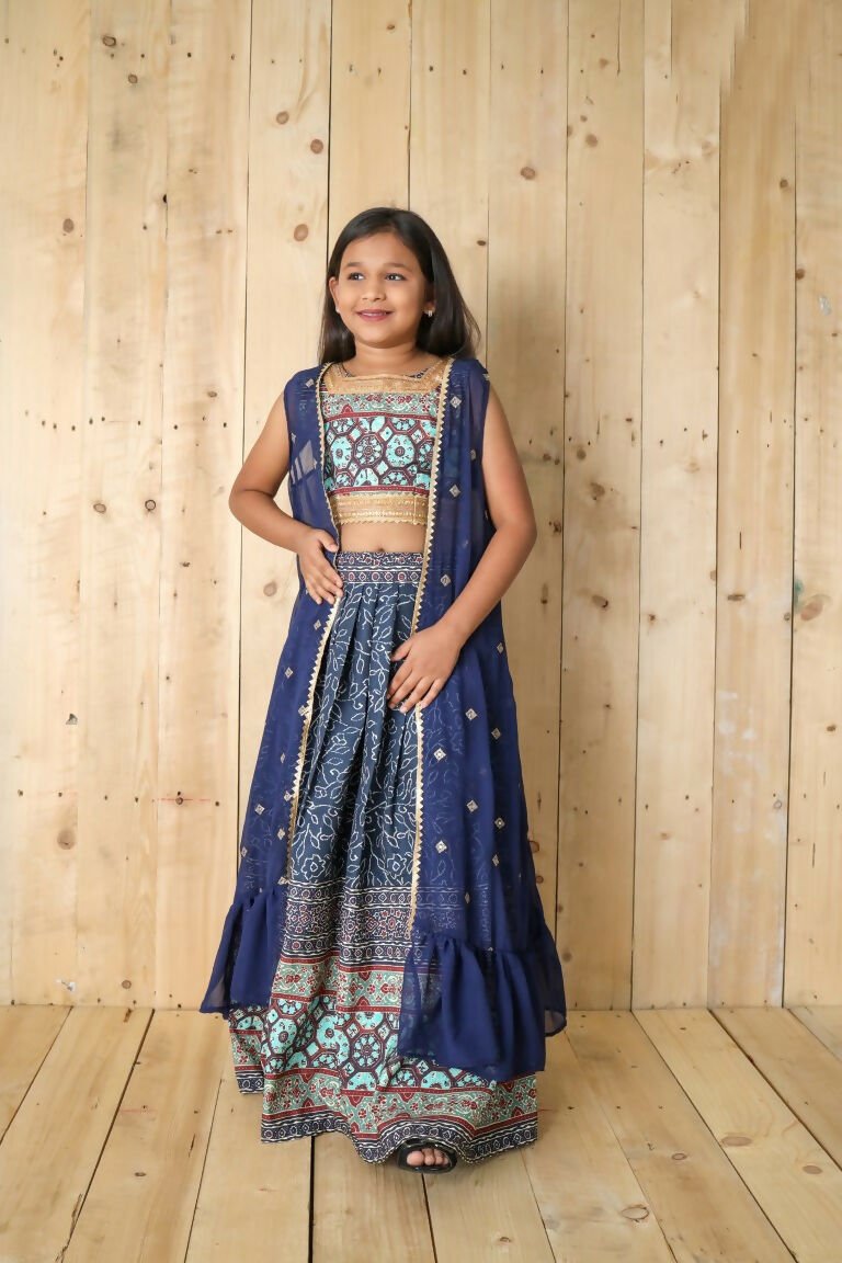 Aayaa Designer Printed Silk Embroidery Kids Lehenga Choli - Blue | Grocsy