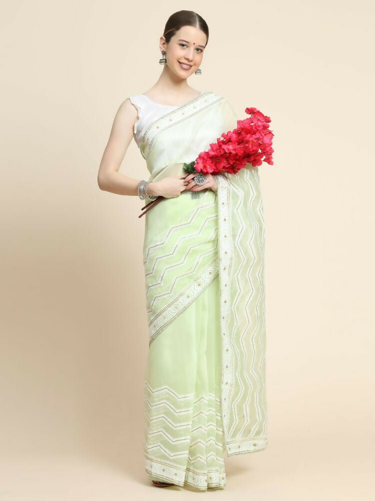 Vamsee Banno Lehriya Yellow Organza Saree | Grocsy