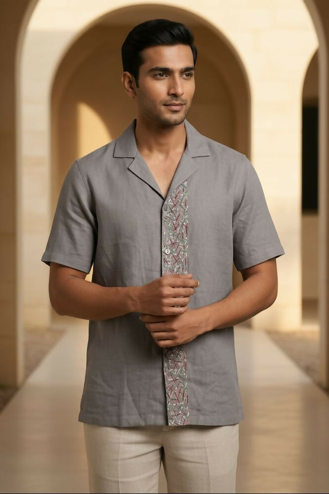 Driftstone — Grey Embroidered Linen Shirt by Hilo Design | Grocsy