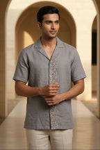 Driftstone — Grey Embroidered Linen Shirt by Hilo Design | Grocsy