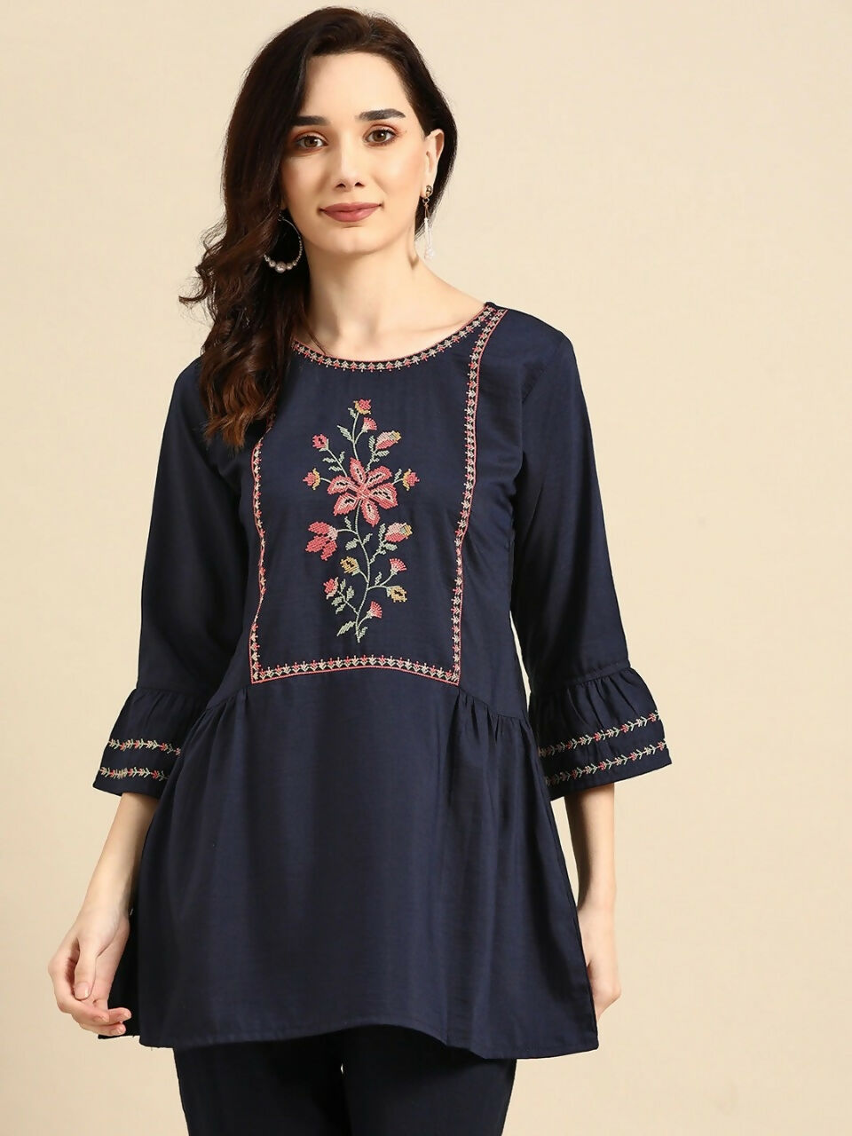 Women's Navy Blue Viscose blend Embroidered Short Top - Marina | Grocsy
