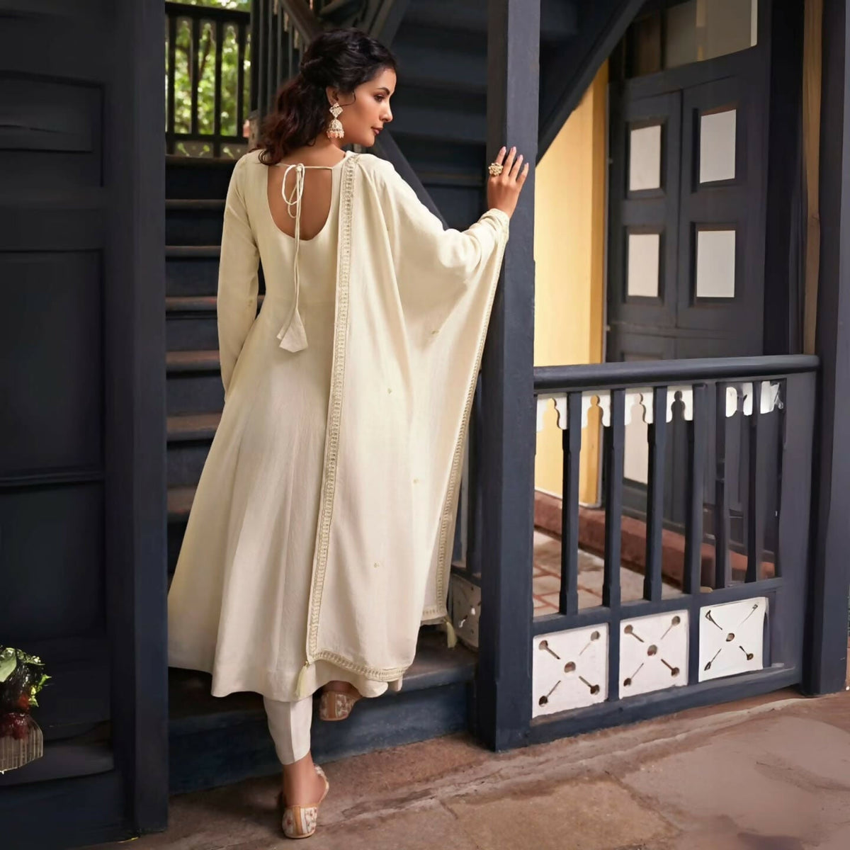 The52 Women's Beautiful Vichitra Silk Fabric Embroidery Work Flared Anarkali Pant and Dupatta Set | Grocsy